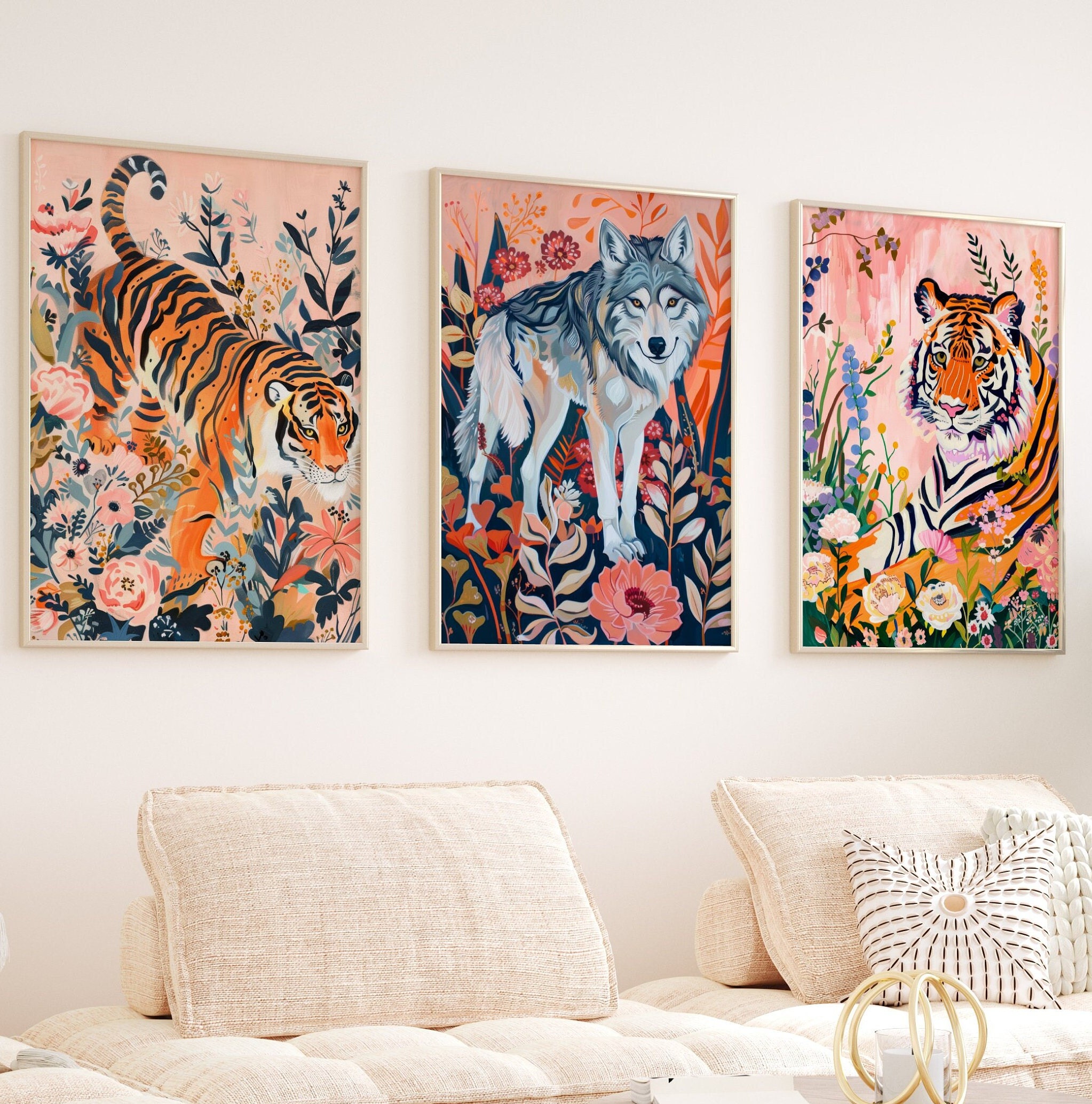オレンジ色の虎と狼のプリントセット：抽象的なサファリ動物のウォールアート - Etsy 日本, image size:2046x2069