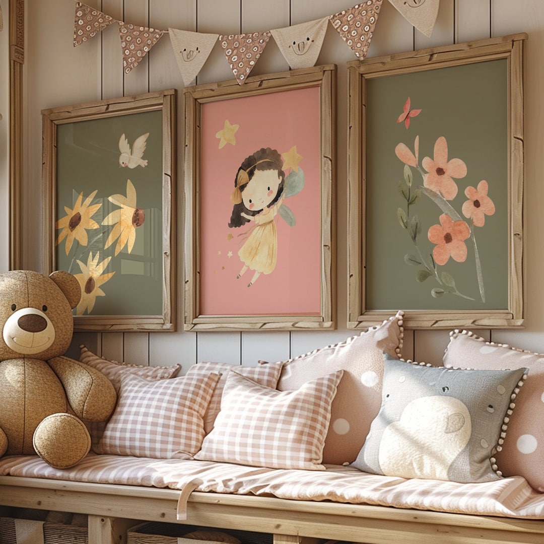 Fairy Nursery Prints: Girl Bedroom Decor, Olive Green and Coral Pink ...