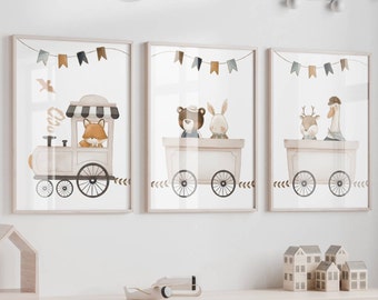 Woodland Animals Nursery Prints: Watercolor Train Wall Art, Set of 3