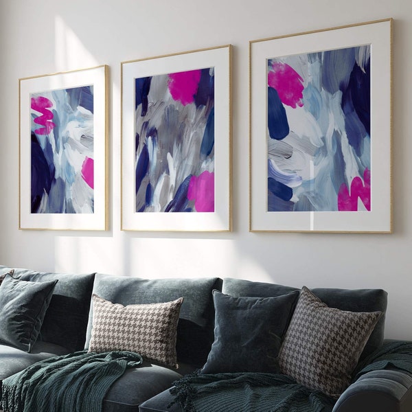 Rosa und marineblaue abstrakte Wandkunst, rosa und marineblaue Wohndekoration, 3er-Set, Schlafzimmerdekoration, Flurdrucke, Bürodekoration, Wohnzimmerwandkunst
