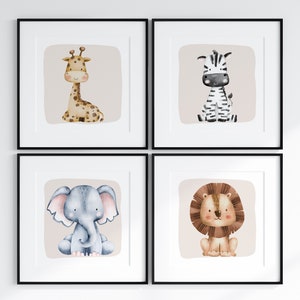 Stampe per bambini in stile safari, stampe da parete quadrate per bambini, stampe da parete neutre per bambini, decorazioni per la sala giochi, tema safari per bambini, decorazioni Boho per bambini, set da 4