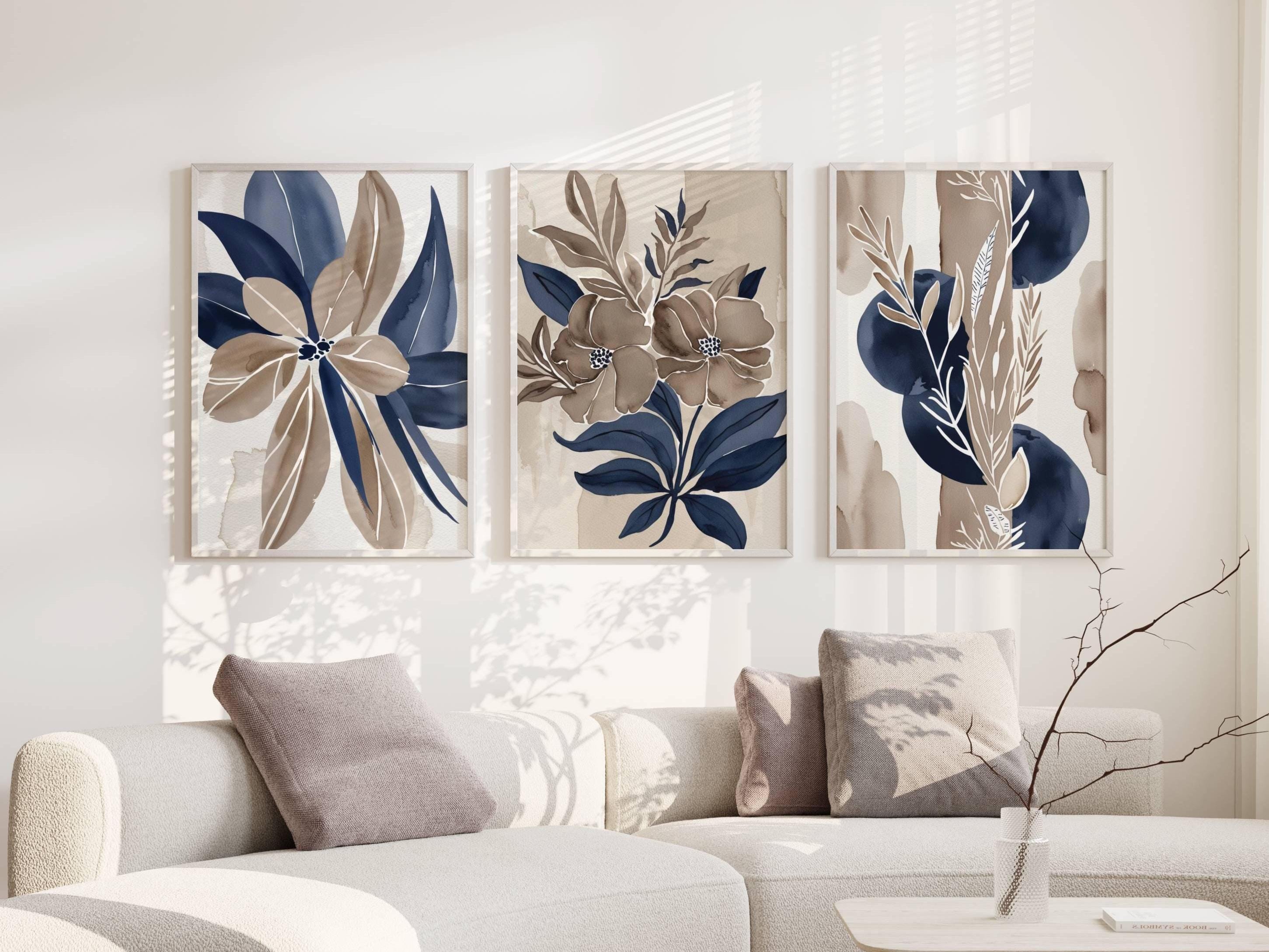 Abstract Plant Art Prints: Navy Blue & Taupe Brown, Set of 3 - Etsy