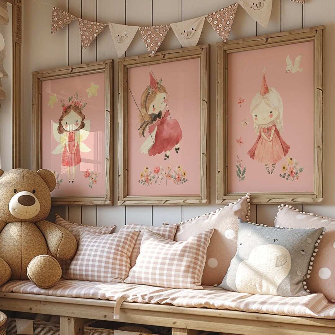 Coral Pink Fairy Nursery Prints: Whimsical Girls Room Decor, Set of 3 ...