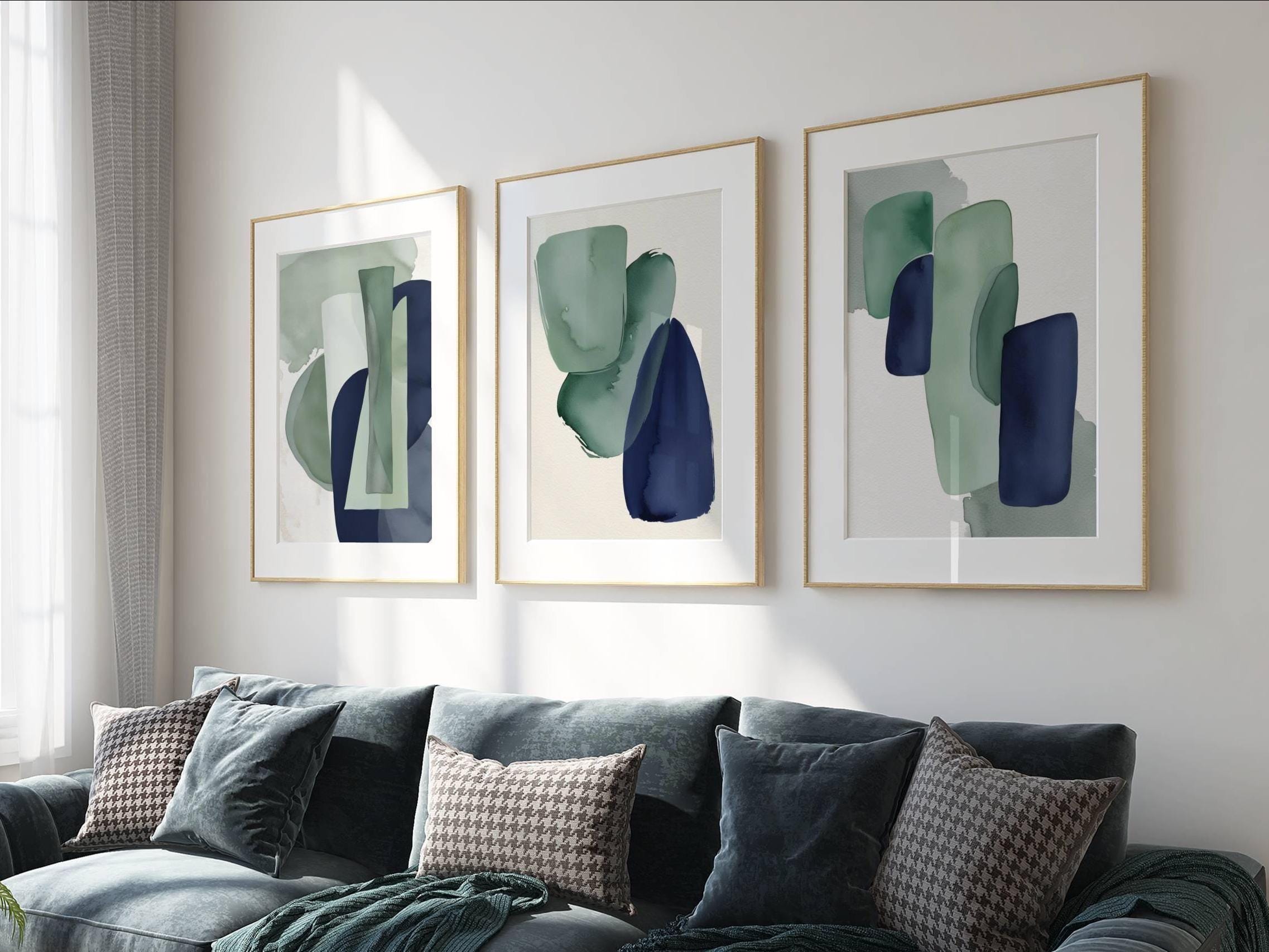 Abstract Wall Art Prints: Navy Blue and Green Modern Set of 3 - Etsy
