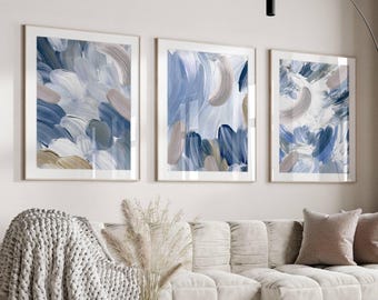 Blue Abstract Wall Art Prints - Set of 3 - Modern Home Decor