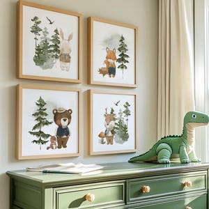 Stampe da parete quadrate per la cameretta dei bambini, set di 4 stampe per la cameretta dei bambini ambientate nel bosco, decorazioni neutre per la cameretta dei bambini, stampe da parete boho per la cameretta dei bambini, cameretta dei bambini pastello, regalo per neonati