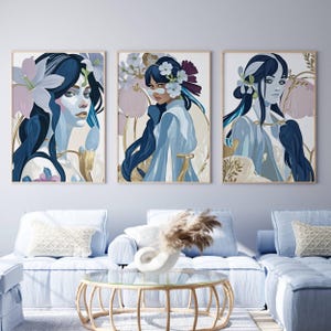 Stampe da parete per ragazze adolescenti, stampe di moda astratte, stampe da parete blu, regalo per lei, decorazioni per camera da letto blu, regalo per ragazze adolescenti, stampe moderne sopra il letto