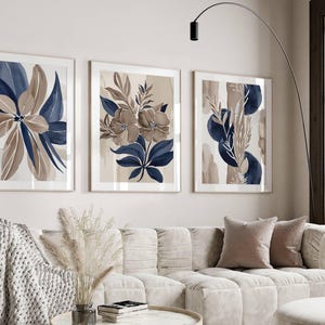 Abstract Plant Art Prints: Navy Blue & Taupe Brown, Set of 3 - Etsy