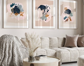 Abstract Wall Art Prints: Navy, Blush Pink, Terracotta - Set of 3