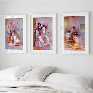 Arte murale per ragazze adolescenti, stampe astratte sul trucco, arte murale rosa, regalo per lei, decorazioni per camera da letto rosa, regalo per ragazze adolescenti, arte moderna, donna giapponese