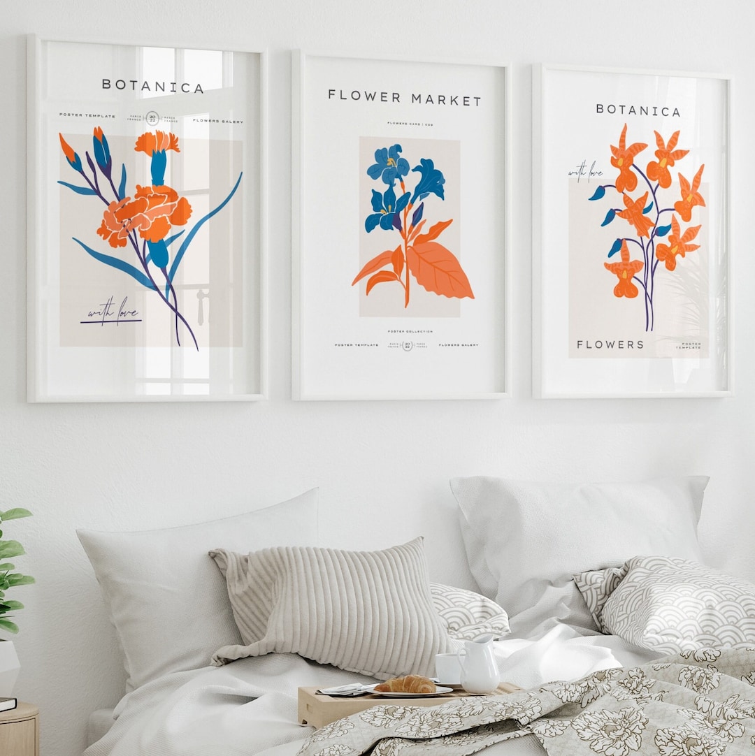 Flower Market Prints, Blue & Orange Wall Art, Mom Wall Art, Living Room