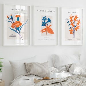 Blumenmarkt Prints, Blau & Orange, Wandkunst für Wohnzimmer, Wanddeko, Schlafzimmerdeko, Pflanzendruck, Geburtstagsgeschenk
