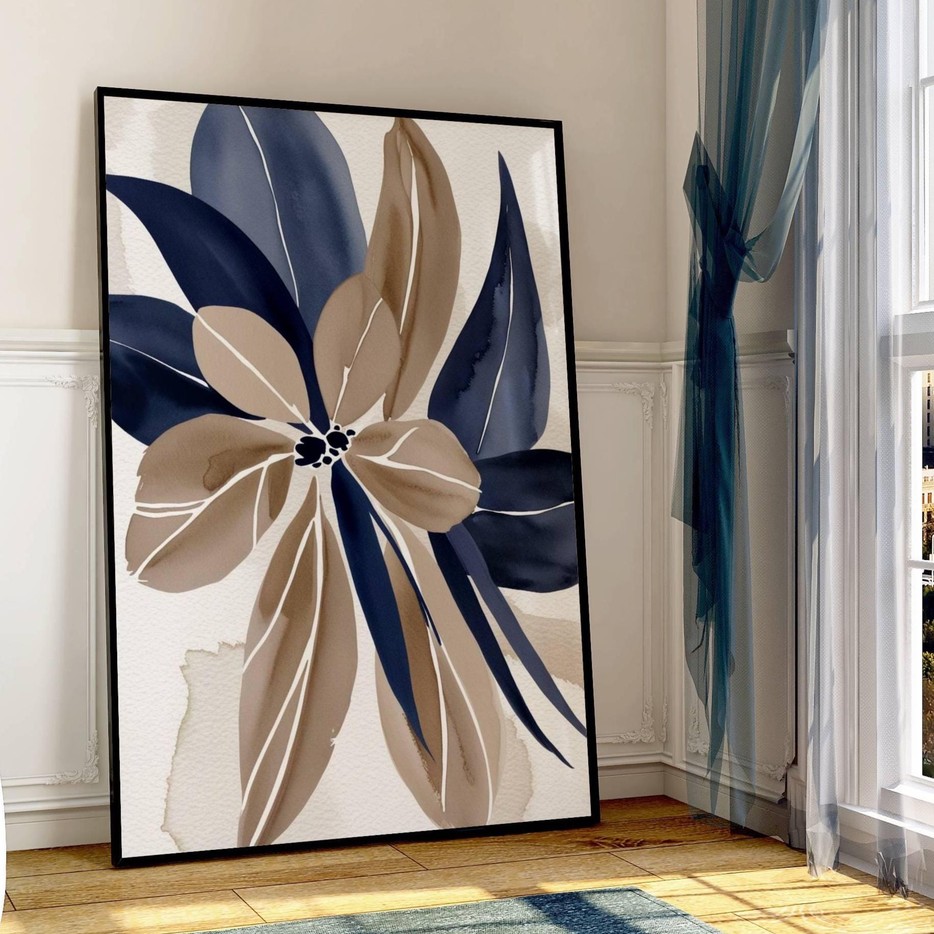 Abstract Plant Art Prints: Navy Blue & Taupe Brown, Set of 3 - Etsy UK