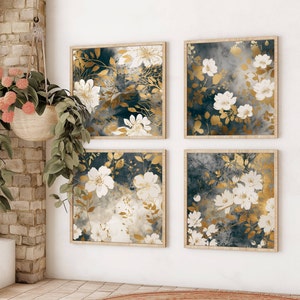 Arte murale quadrata, set di 4 stampe floreali, decorazione quadrata per la stanza, stampe per il soggiorno, decorazione neutra per la casa. Arte murale per la camera da letto, stampe astratte