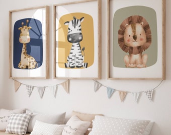 Safari nursery prints, blue, yellow and sage green nursery wall art, playroom animal decor, giraffe, zebra, lion prints, new baby gift