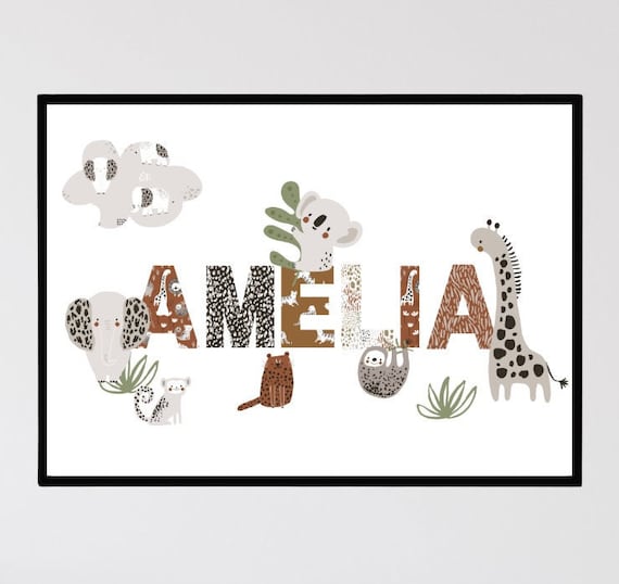 Personalised Safari Baby Name Print Nursery Wall Art New Etsy