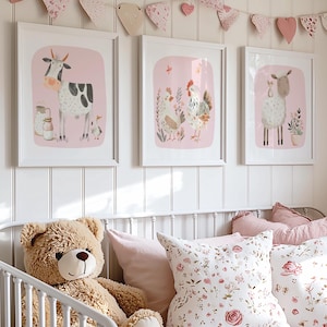 Arte murale rosa per la cameretta dei bambini, decorazioni per la cameretta dei bambini in stile fattoria, set di 3 stampe quadrate da fattoria, stampa per neonati, regalo per neonati, cameretta per bambini piccoli, cameretta per bambine