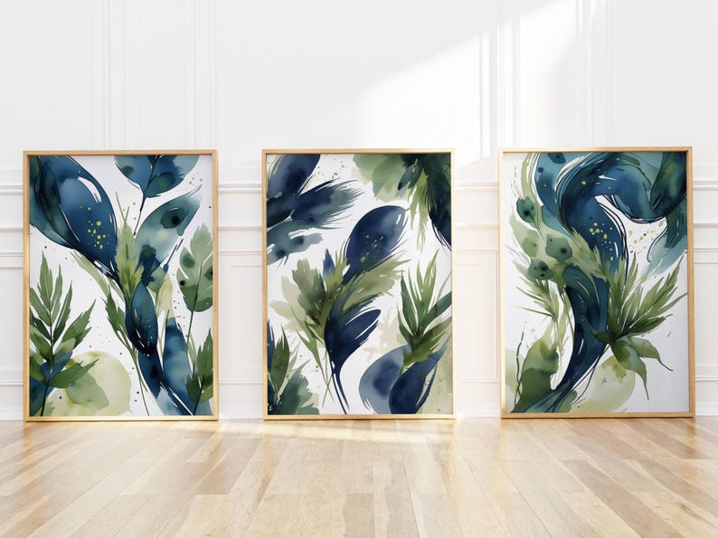 Abstract Feather Print Set: Navy Blue and Olive Green Wall Art - Etsy