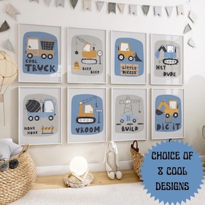 Impressões de veículos de construção, arte de parede para quarto de bebê, pôsteres de escavadeira, decoração de quarto de menino, decoração de menino azul, impressões de caminhão, decoração de sala de jogos
