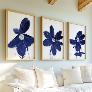 Stampe da parete blu, stampe floreali astratte, set di 3, arte moderna, decorazioni per il soggiorno, stampe per il corridoio, stampe sopra il letto, decorazioni per l'ufficio, stampe per la sala da pranzo