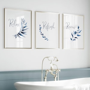 Stampe per il bagno, arte murale blu per il bagno, set di 3 stampe per il bagno, decorazioni murali per il bagno, immagini di foglie di piante per il bagno, arte murale per il bagno
