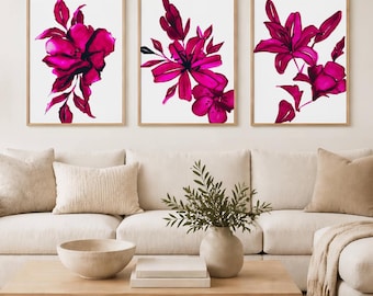 Pink Botanical Wall Art Prints - Set of 3 - Modern Living Room Decor