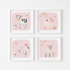 Arte murale rosa per la cameretta dei bambini, set di 4 stampe quadrate da fattoria, cameretta per bambine, regalo per neonati, decorazioni per la cameretta della fattoria, cameretta per bambine, sala giochi per bambini