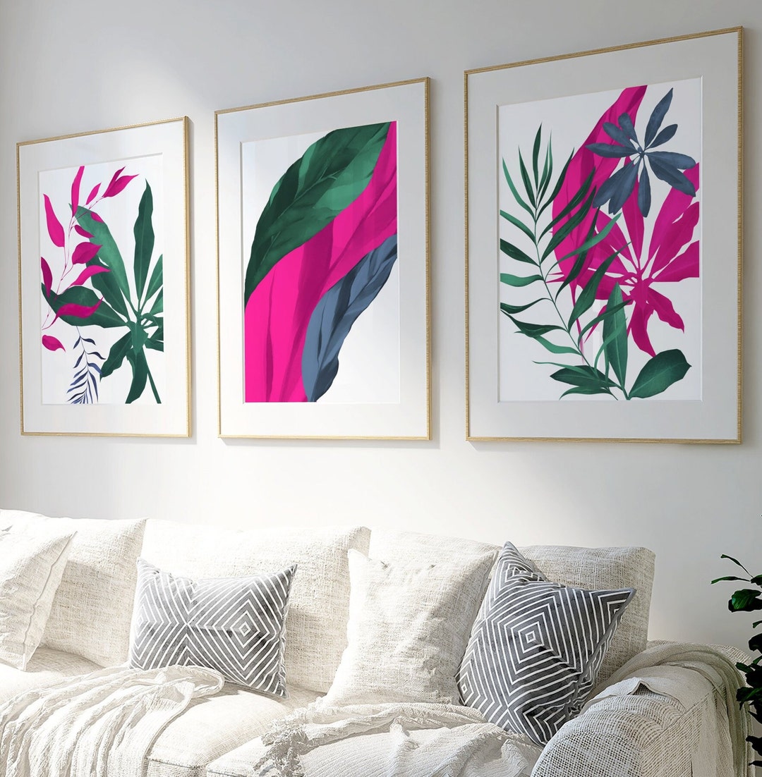 Pink and Green Botanical Print Set: Stylish Home Decor Trio - Etsy