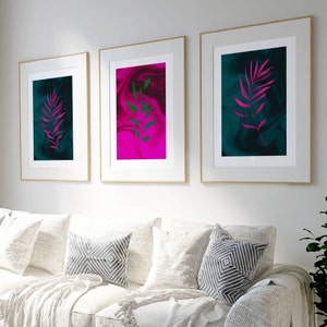Pink and teal green plant wall art prints, 3 piece set, pink home decor, office wall art, bedroom decor, hallway prints, living room decor
