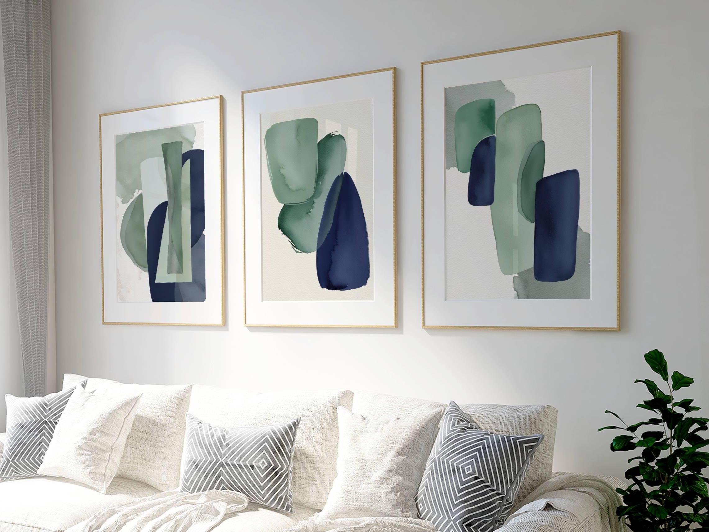 Abstract Wall Art Prints: Navy Blue and Green Modern Set of 3 - Etsy