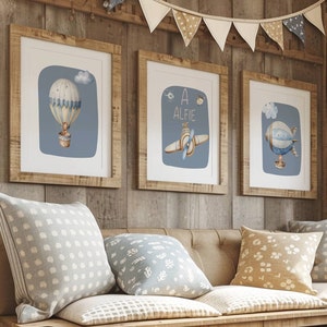 Decorazione murale vintage per cameretta dei bambini, stampa personalizzata con nome, set da 3, decorazioni blu per cameretta dei bambini, stampe di aerei quadrati, regalo per neonato, camera da letto per ragazzi