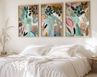 Abstract Botanical Triptych Wall Art: Earthy Modern Prints