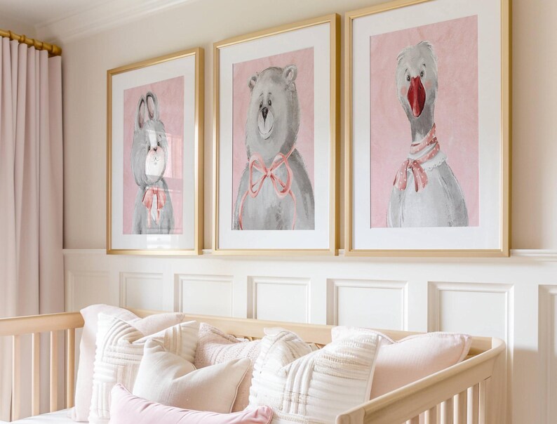 Pink Nursery Prints: Girls Room Decor, Rabbit, Bear, Goose - Set of 3 ...