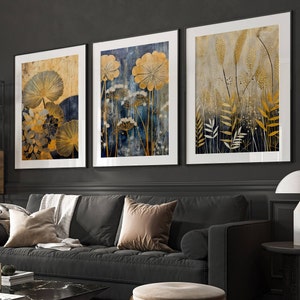 Grandi stampe artistiche astratte da parete, decorazioni per la casa in oro, stampe botaniche, arte moderna, decorazioni per il soggiorno blu, decorazioni per la camera da letto, stampe per la sala da pranzo