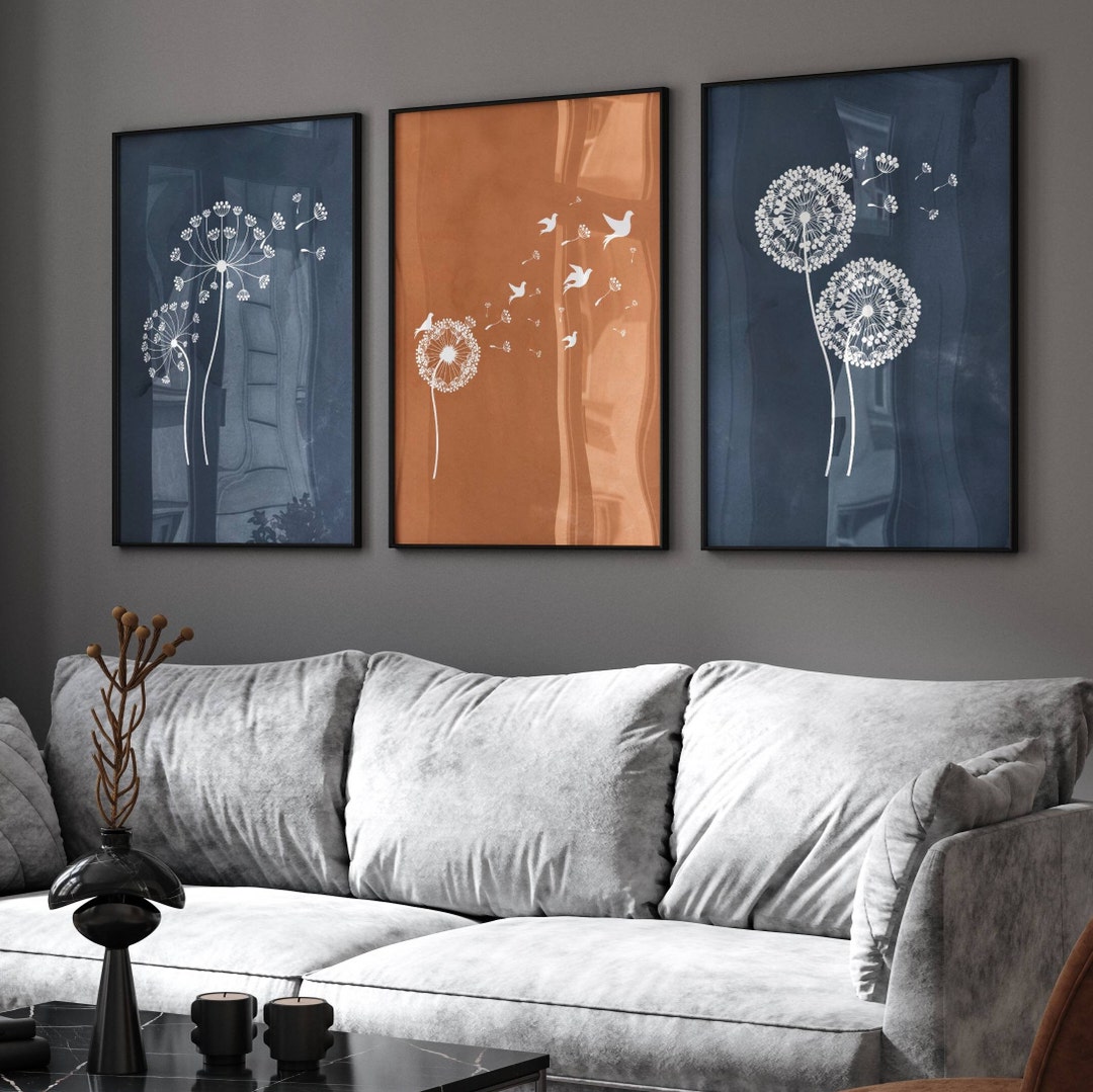 Blue & Orange Wall Art, Wildflower Prints, Set of 3, Gallery Set