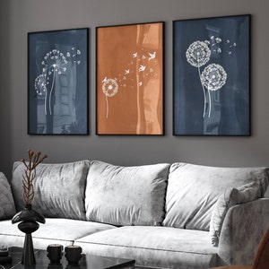 Arte murale blu e arancione, stampe di fiori selvatici, set da 3, set da galleria, arredamento per soggiorno, arredamento per la casa blu navy, arte murale per camera da letto, regalo per la nuova casa