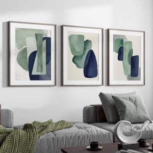 Marineblau und Grün abstrakte Wand Kunst Drucke, moderne Kunst, Marine Dekor, grünes Wohnzimmer, über dem Bett Kunst, 3-teiliges Set, Statement Wandkunst