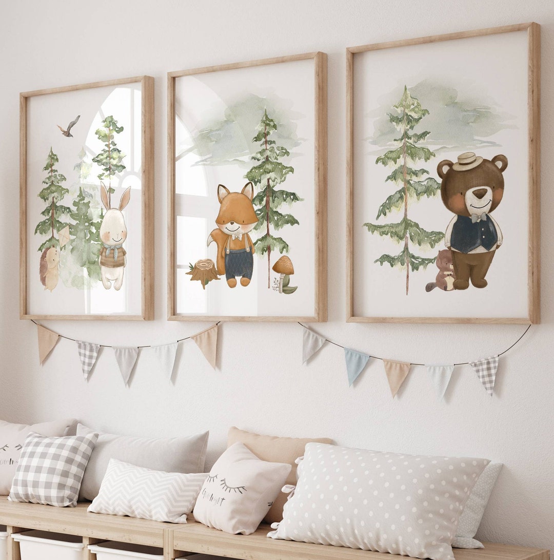 Woodland Animal Nursery Prints: Green Baby Room Wall Art, Set of 3 - Etsy