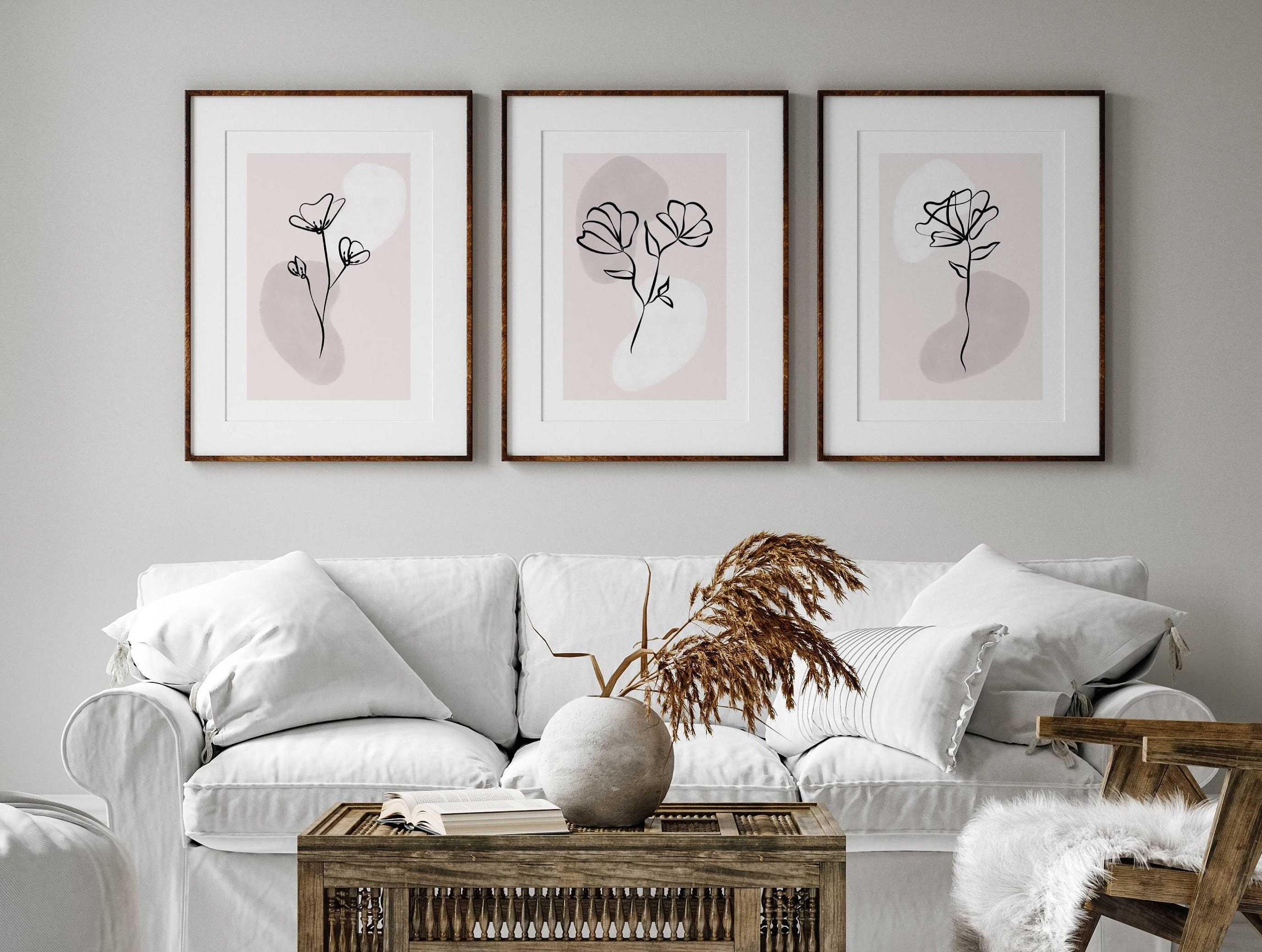 Neutral Floral Wall Art Prints: Minimalist Beige Bedroom Decor