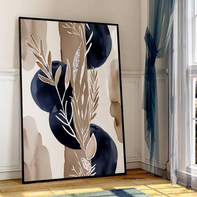 Abstract Plant Art Prints: Navy Blue & Taupe Brown, Set of 3 - Etsy UK