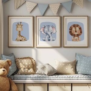 Arte murale per bambini con tema safari, stampe per bambini, arte murale blu per bambini, decorazioni per la sala giochi, animali del safari, regalo per neonato, arte murale in 3 pezzi