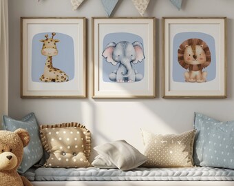 Blue Safari Animals Nursery Wall Art Prints - Set of 3