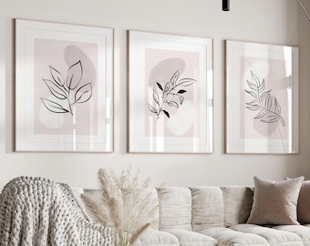 Botanical Wall Art Prints: Neutral Beige Living Room Decor, Set of 3