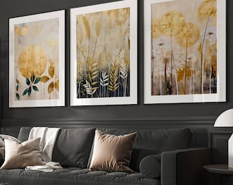 Gold & Yellow Abstract Botanical Prints: Modern Wall Art Set of 3