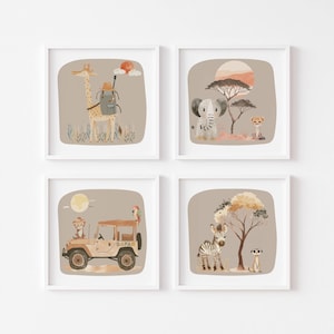 Arte murale vintage per la cameretta dei bambini, set di 4 stampe safari quadrate, cameretta neutra per bambini, regalo per neonati, animali della giungla, cameretta per bambini piccoli, sala giochi
