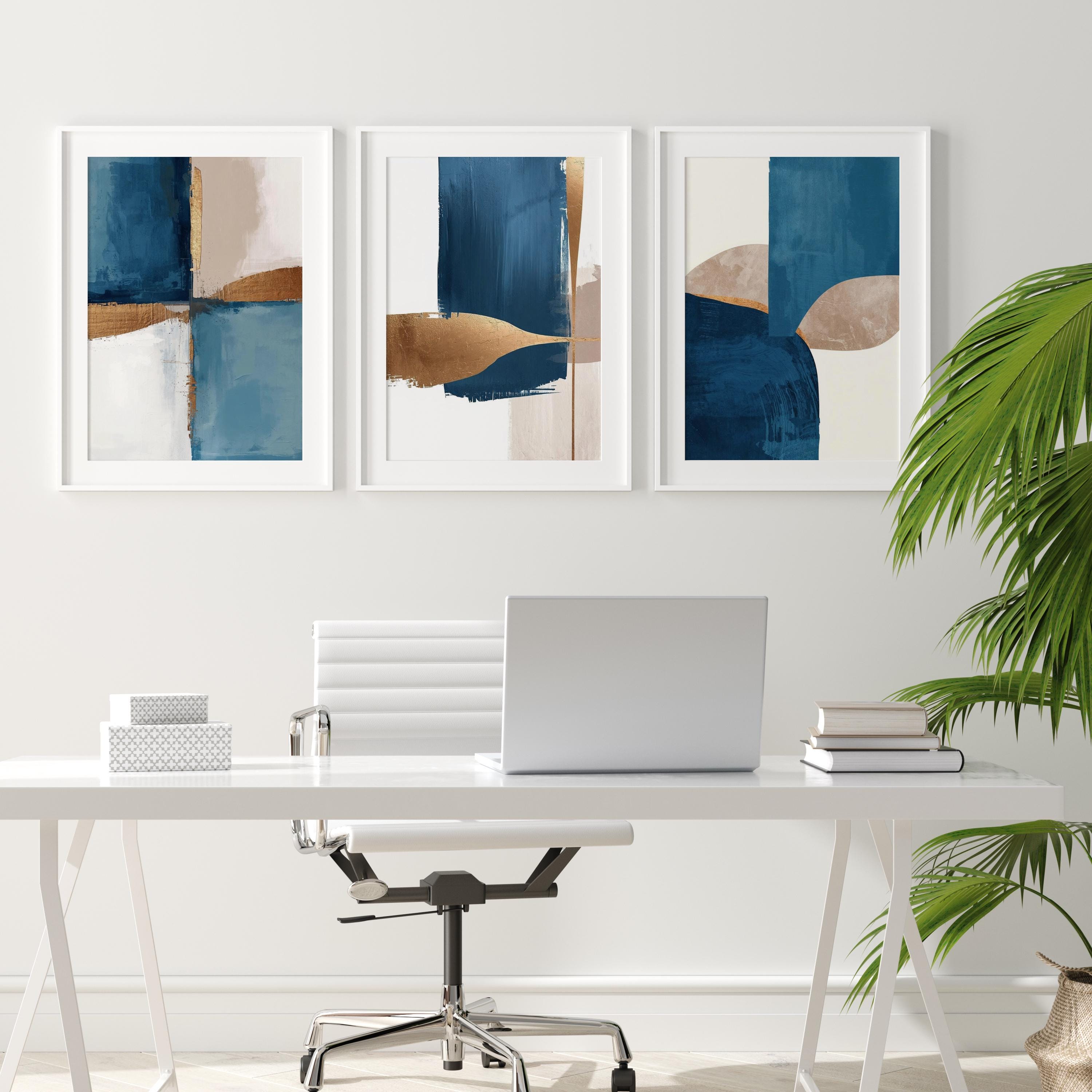 Modern Abstract Wall Art Set of 3 | Neutral Blue & Beige Prints for ...