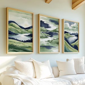 Stampe di paesaggi, arte murale astratta, stampe d'arte moderna, decorazioni per la casa blu e verde, soggiorno blu navy, arte sopra il letto, set da 3 pezzi, arte della natura