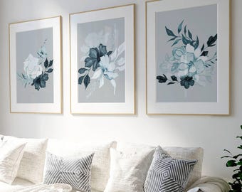 Blue Grey Botanical Print Set: Relaxing Home Decor, Set of 3
