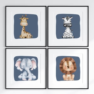 Stampe per bambini in stile safari, stampe per bambini in stile quadrato, stampe per bambini in stile blu, decorazioni per la sala giochi, tema per bambini in stile safari, decorazioni per bambini in stile boho, set da 4