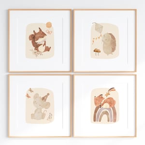 Stampe quadrate per la cameretta dei bambini, set di 4 stampe artistiche da parete per la cameretta dei bambini con tema boschivo, decorazioni neutre per la cameretta dei bambini, decorazioni boho per la cameretta dei bambini, decorazioni pastello per la cameretta dei bambini, regalo per neonati
